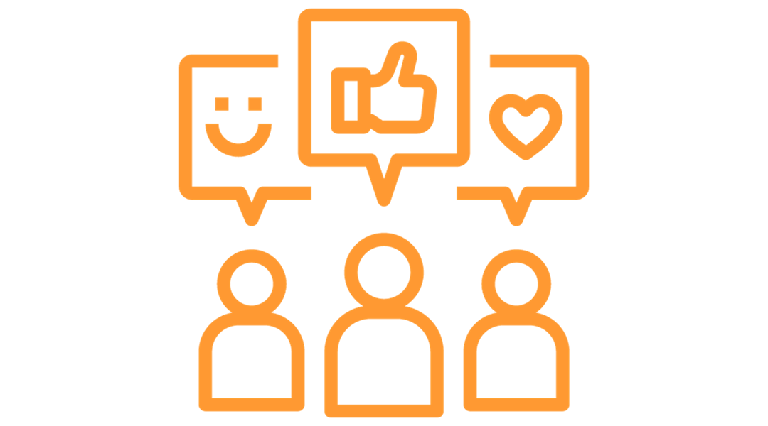 3 stick figures with reaction emojis popping above them