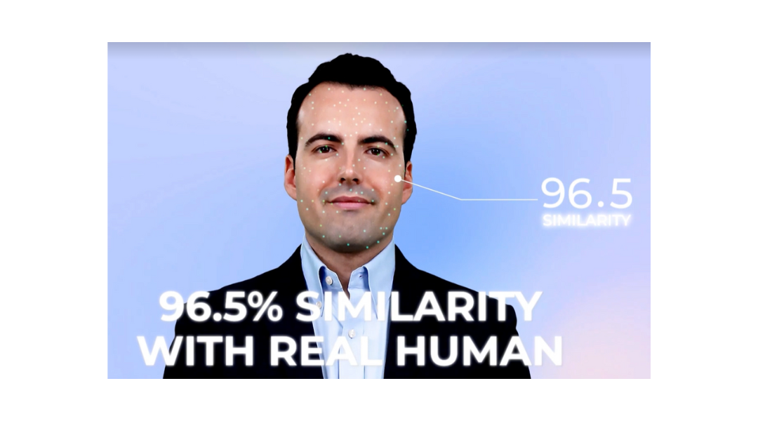 An AI Avatar's face being mapped with a 96.5 similarity to a human percentage by DeepBrain AI