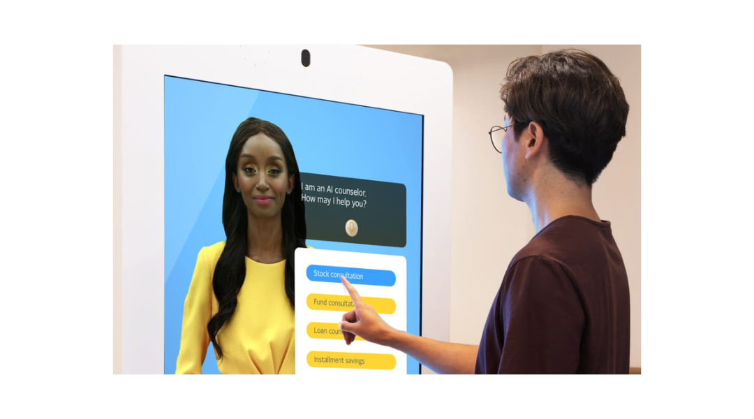 A person interacting with AI Avatar Paris in a DeepBrain AI kiosk about banking and finance