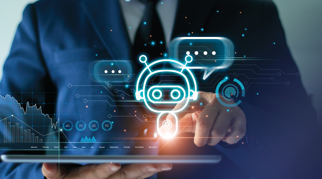 A person holding a tablet while a chatting robot appears