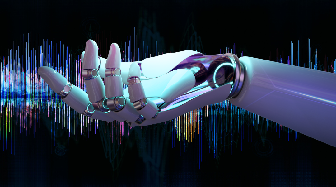 A robot hand in front of audio waves