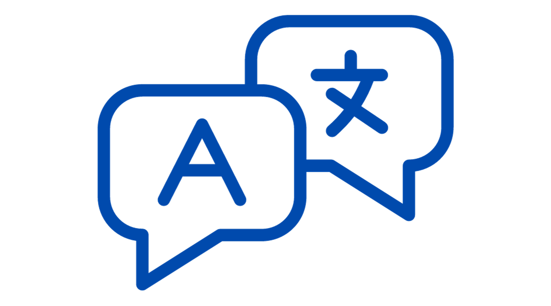 Speech bubbles indicating a translation from English to a different language