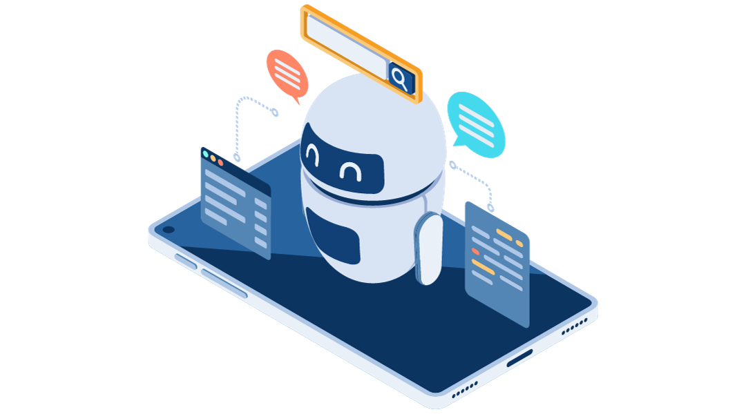 A robot standing on a smartphone speaking