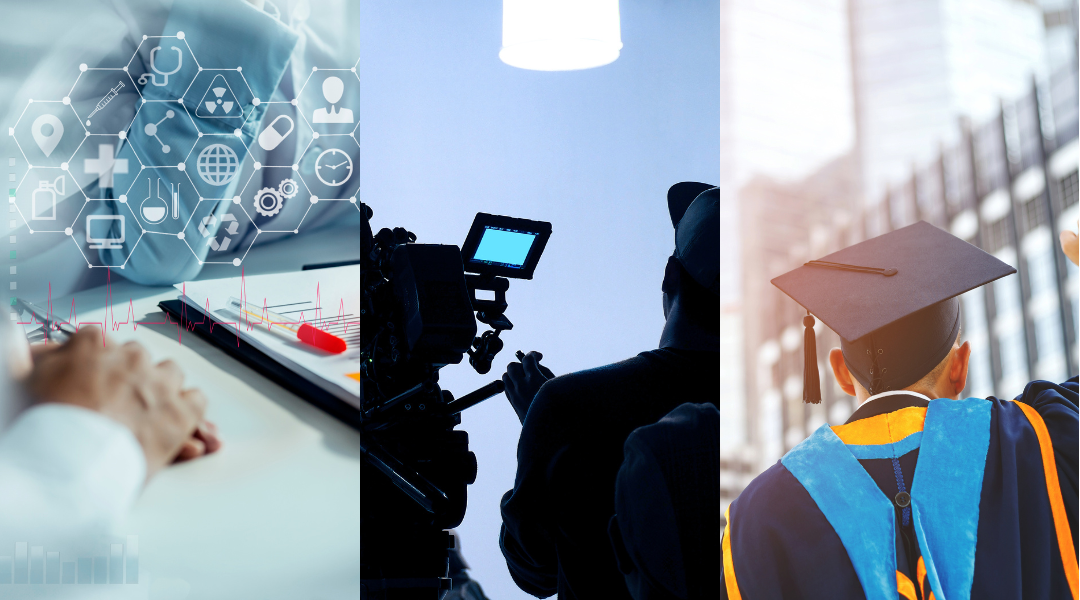 Healthcare, entertainment, and education industries lined up next to each other.