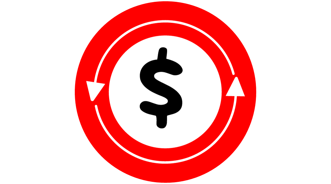 A dollar sign inside of a red circle with 2 arrows in circulation..
