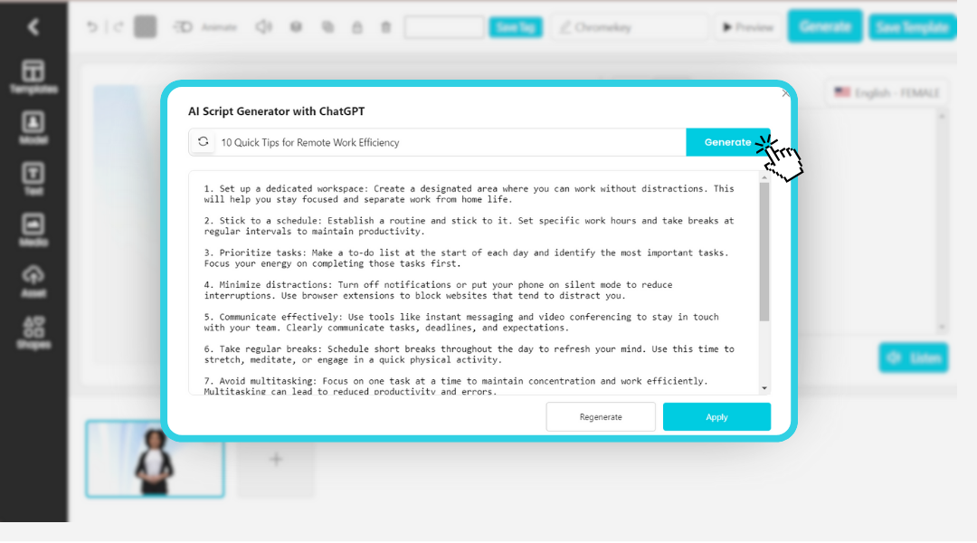 AI Studios' AI script generator that contains 10 tips for working remotely.