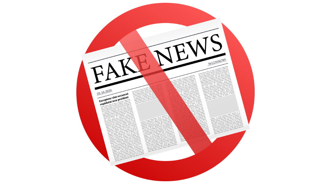 A newspaper titled "Fake News" with a red cross through it