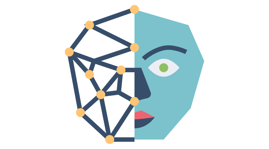 A person's face next to a mapped face to indicate deepfake