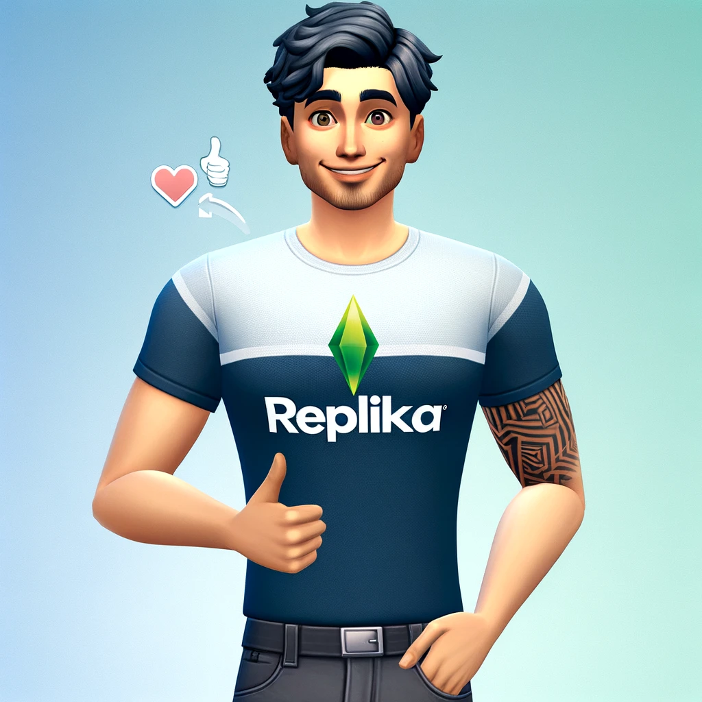 3d-rendered character featuring the Replika logo on their shirt. The character has a playful and friendly look.