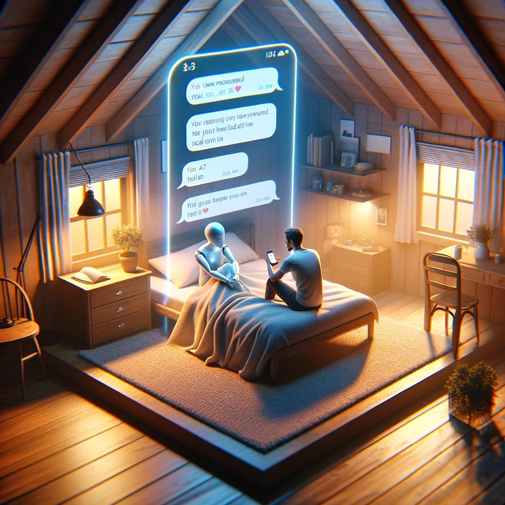   Generated by DALL·E The image depicts a 3D rendered, beautiful character in a real-life setting, with a text message displayed in a small, cozy bedroom.