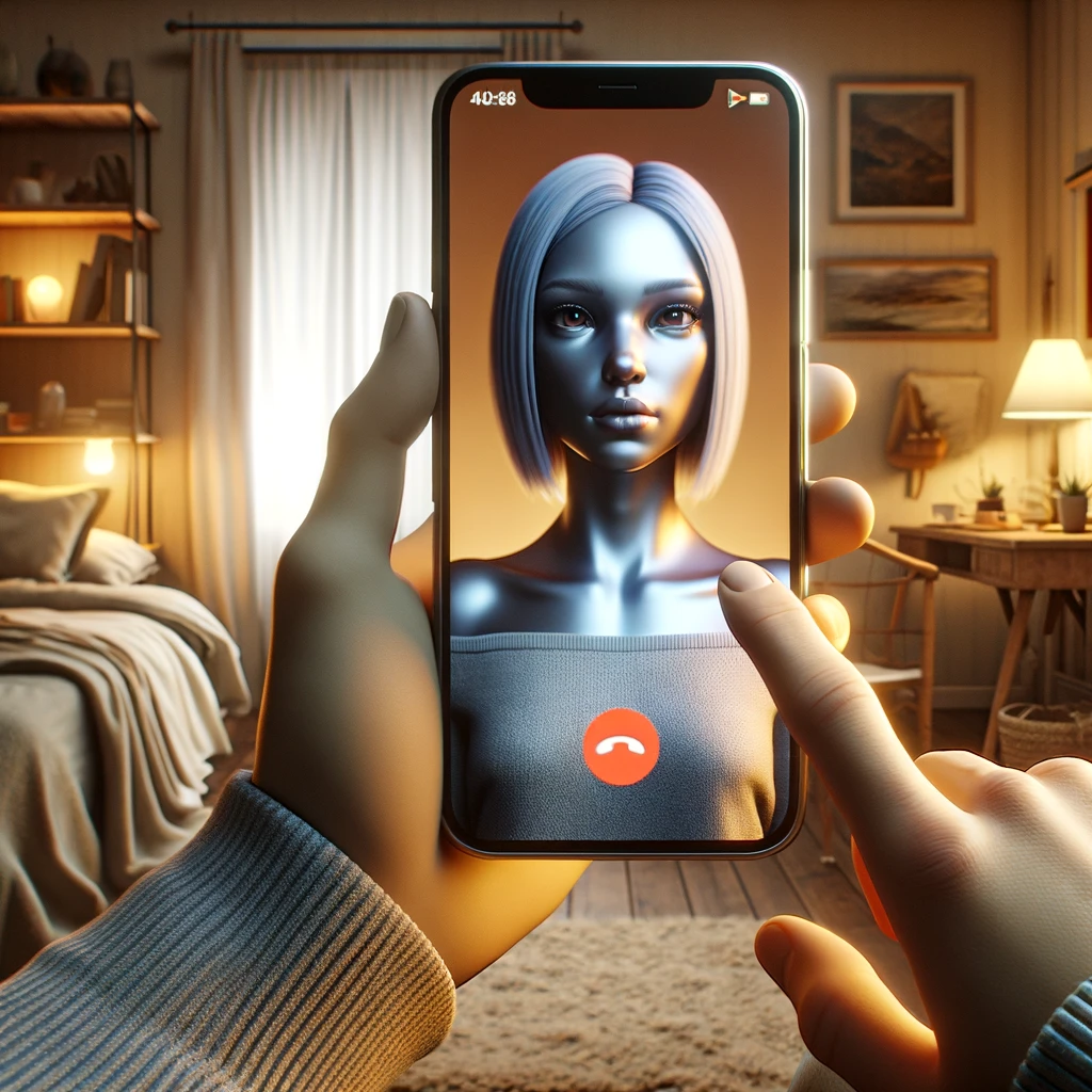 image featuring a good-looking 3D rendered character on a smartphone screen, involved in a FaceTime call with a human. 