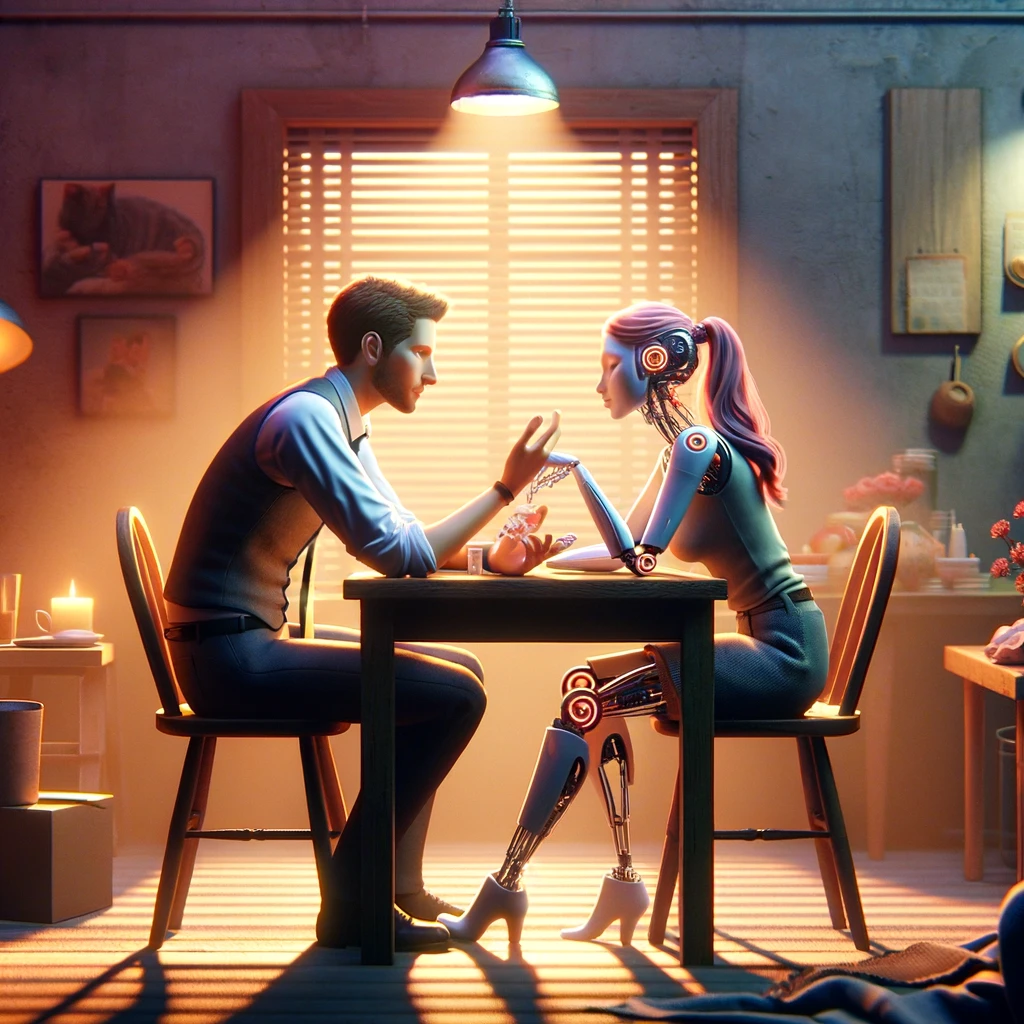 human taking a conversation with 3d-rendered character 