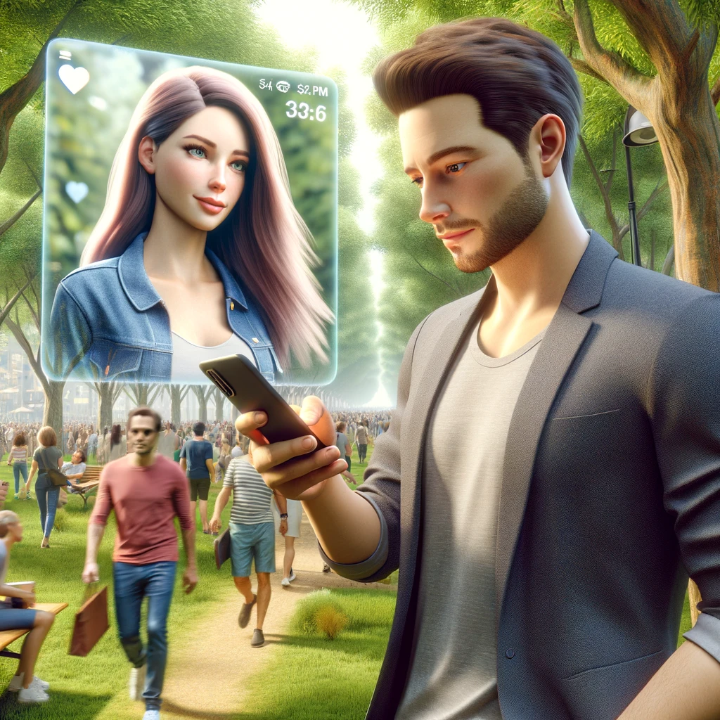 the image set in a lively park, capturing a moment where a good-looking human man is texting with his 3D-rendered girlfriend.