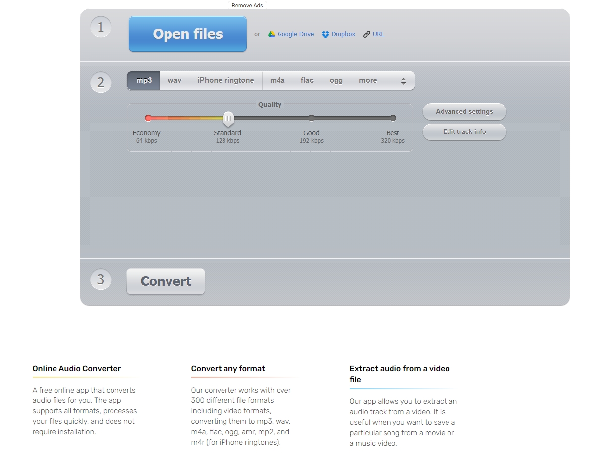 captured image of Online Audio Converter official website.