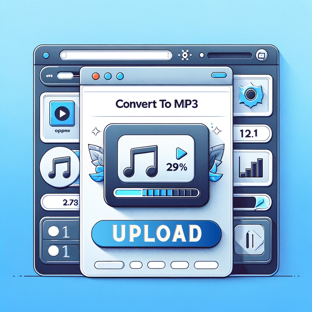 website interface designed for converting files into MP3 format, featuring a modern and user-friendly design with a prominent file upload area, a clear 'Convert to MP3' button, and a progress bar indicating the conversion percentage.