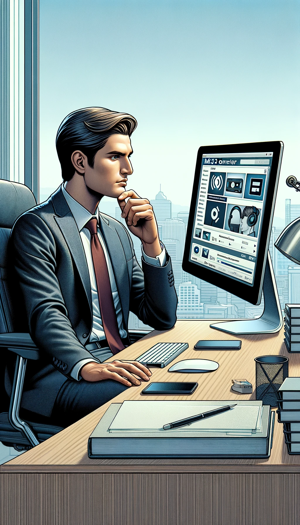 portrait-style image of a person sitting at a desk in an office setting, thoughtfully considering which MP3 converter to use.