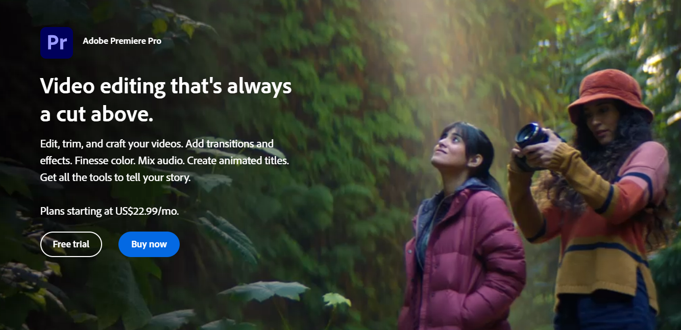 A screenshot of Adobe Premiere Pro webpage. The title is 'Video editing that's always a cut above'.