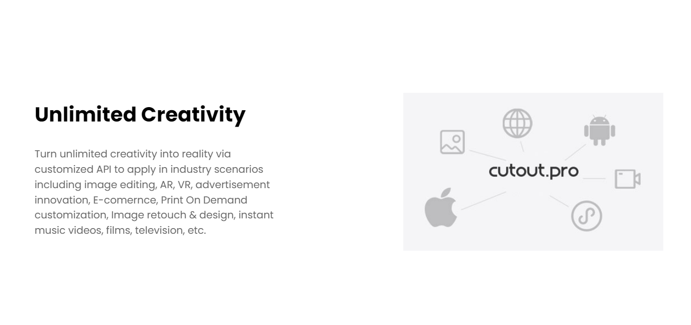 A screenshot of a Cutout.pro webpage. The title is 'Unlimited Creativity'.