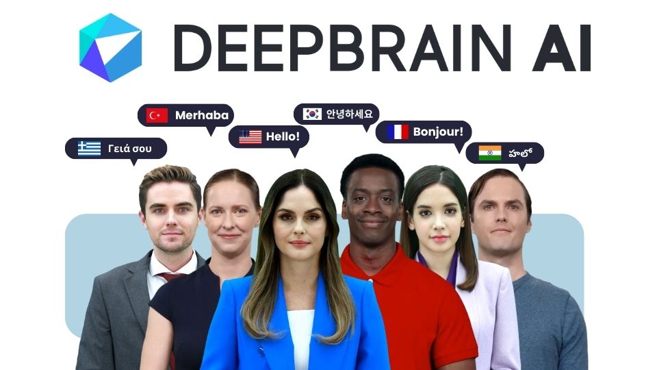 AI Avatars speaking different languages with DeepBrain AI's logo