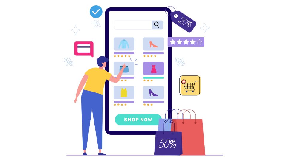 A person shopping for clothing on a life size smartphone with shopping bags on the floor that say 50 percent off.