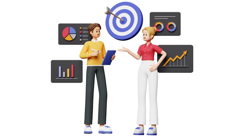 A couple discussing KPI metrics with different graphs behind them.