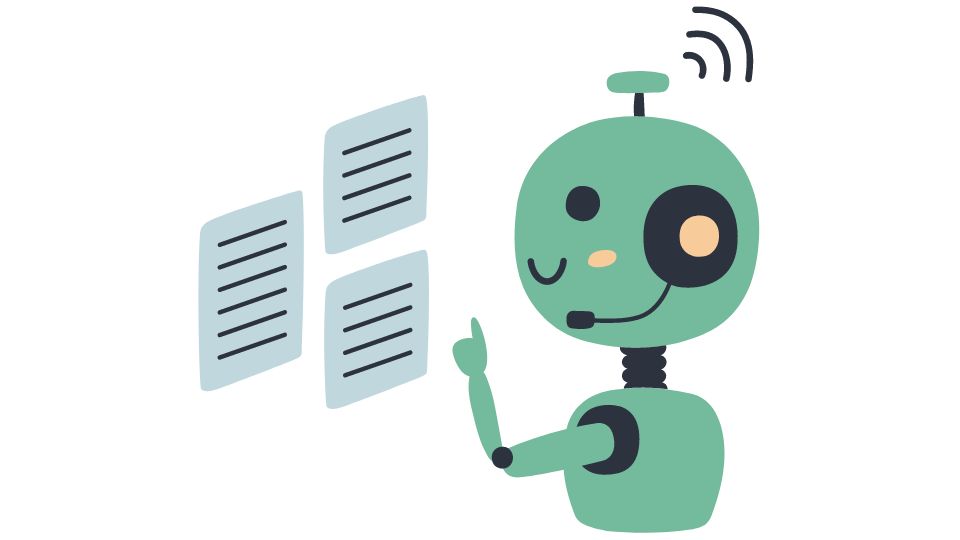 A cute robot looking at queries and coming up with a response.