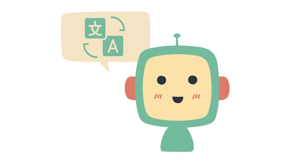 A cute robot translating a message to English.