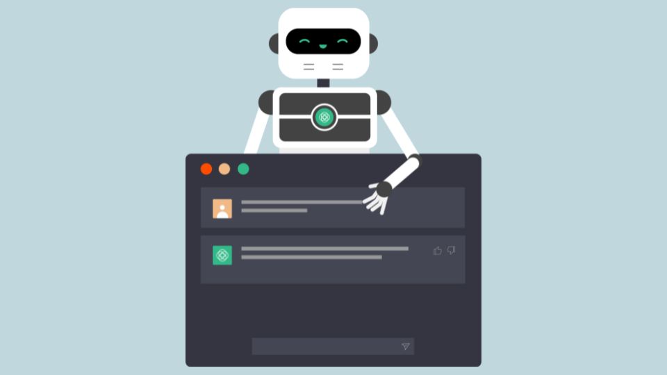 A cute robot holding a ChatGPT conversation.