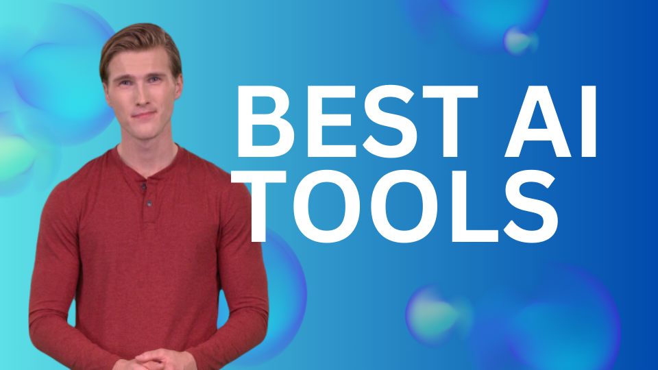 DeepBrain AI's AI Avatar wearing a red shirt next to "Best AI Tools" with blue bubbles.
