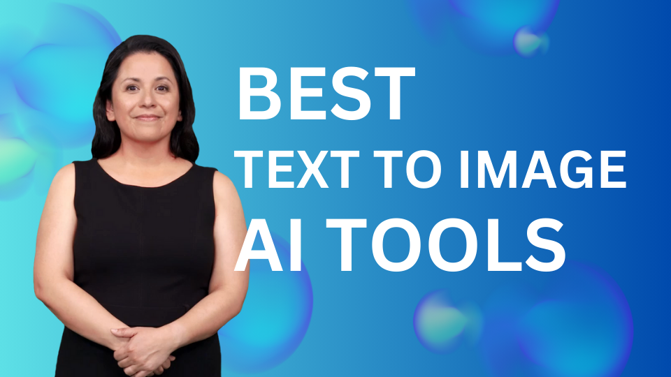 DeepBrain AI's AI Avatar Maria next to "Best Text to Image AI Tools" words in front of a blue abstract background.