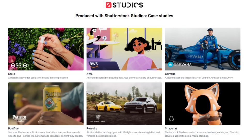 Case studies from Shutterstock including Essie, AWS, Carvana, Pacifico, Snapchat, and Porsche.