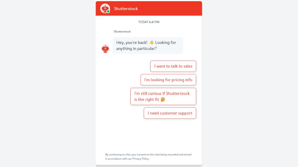 The chatbot to provide assistance on Shutterstock's website.