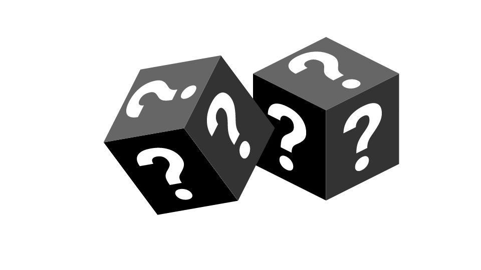 A pair of black dice with question marks on them being tossed.