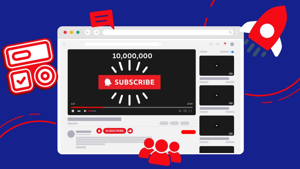 A YouTube video showing 10 million subscribers, a rocket, and comments.