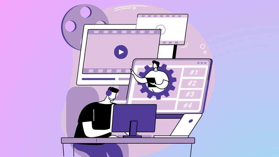 A person video editing with steps popping up with a purple gradient.