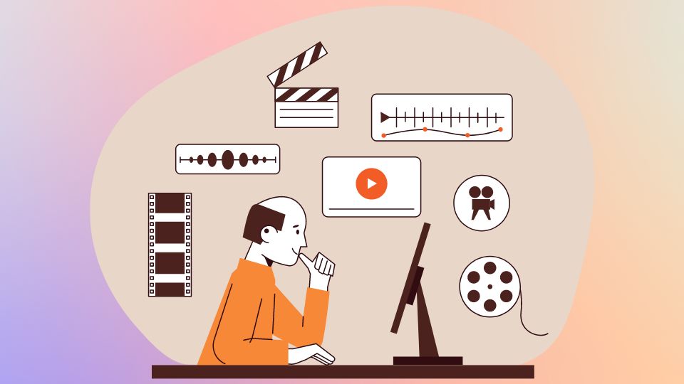 A man video editing with different steps being highlighted,