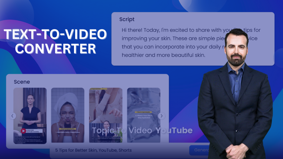 DeepBrain AI's AI Avatar standing in front of AI Studios' text to video converter.