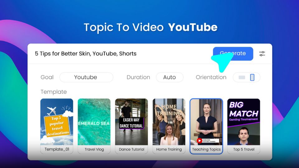 AI Studios' topic to video YouTube video creator with a gradient background.