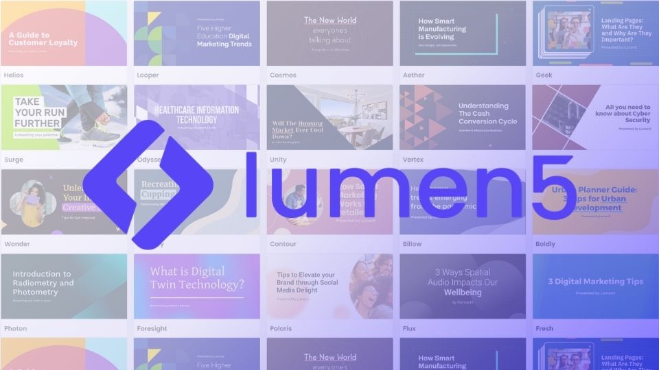 Lumen5's video templates with the Lumen5 purple logo in the middle.
