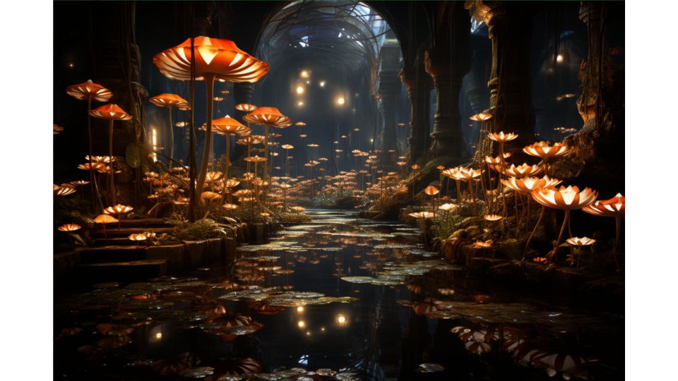 An enchanting fairy realm hidden within an ancient, mystical forest.