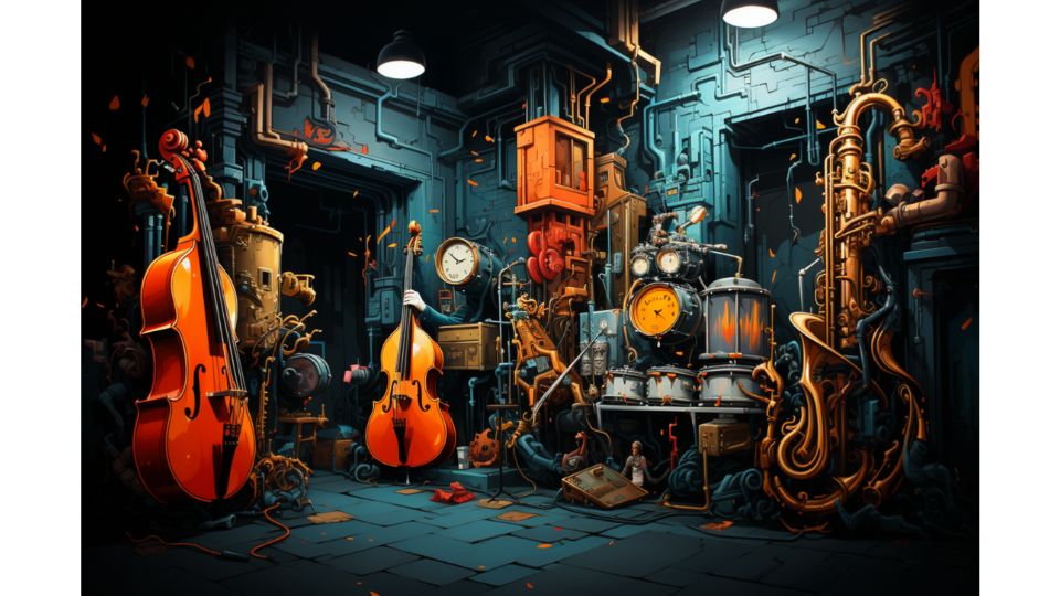An underground subway station, alive with street art and the echoes of a jazz saxophonist