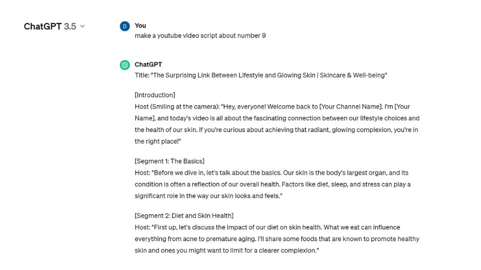 A screenshot from ChatGPT where it outlines a script for a YouTube video about skin care. 