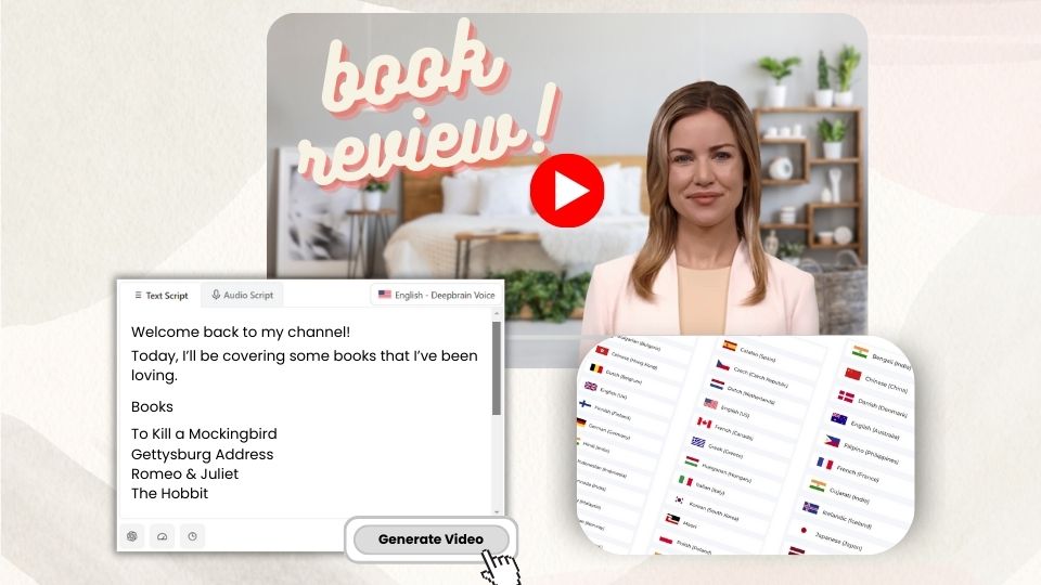 AI Studios' text to video youtube video creator featuring several languages and a book review theme.