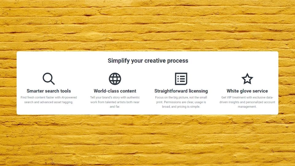 Shutterstock's perks for creatives including search tools, world class content, simple licensing, and customer service.