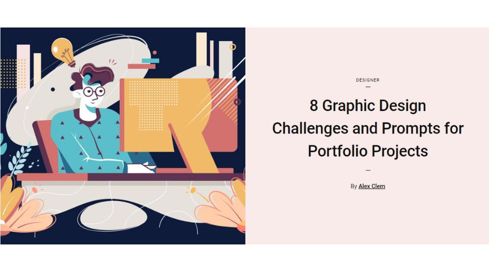 A man working on a computer in an abstract way next to a design challenge blog title.