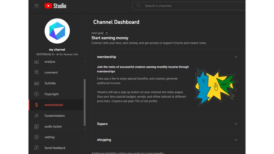 The Channel Dashboard on YouTube showing where the Monetization button is.