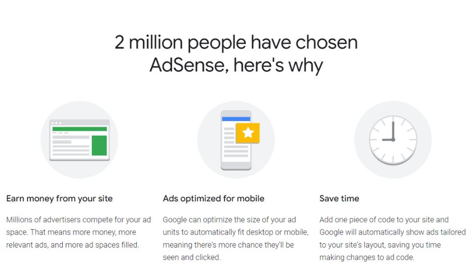 Google AdSense's perks like earning money, ads optimized for mobile, and saving time.