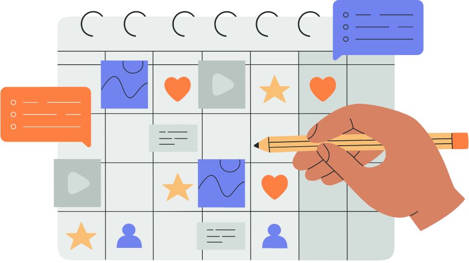 A person's hand writing on a content calendar.