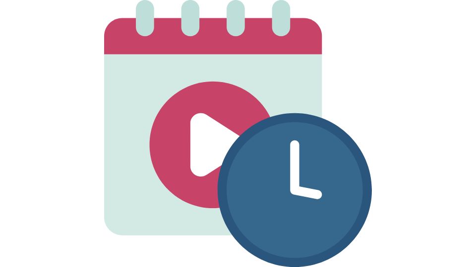 A calendar with a play button on it and a clock to indicate scheduling videos.
