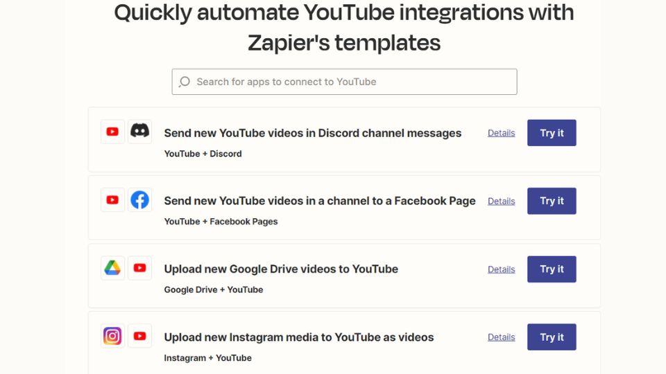 Zapier's YouTube automation integrations with Discord, Facebook, Google Drive, and Instagram.